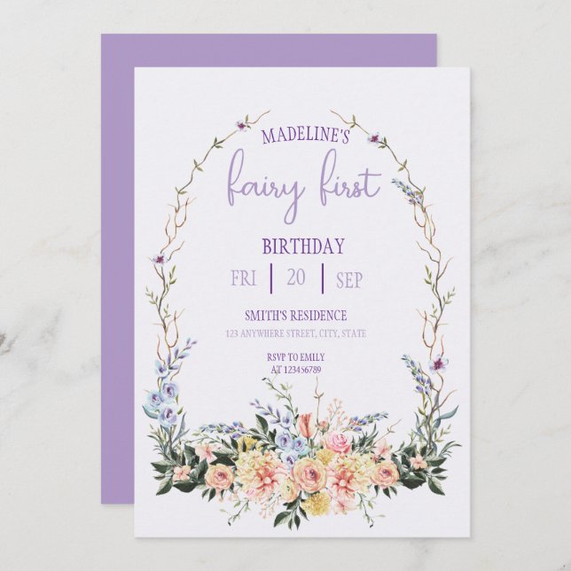 Invitation Fairy First  Birthday Forest Watercolor Mushroom  (Devant / Derrière)