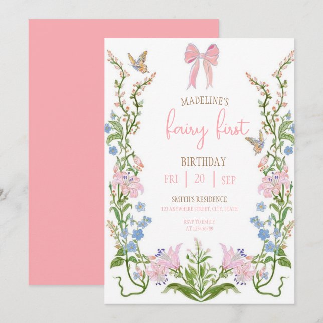 Invitation Fairy First Birthday Forest Watercolor Mushroom  (Devant / Derrière)