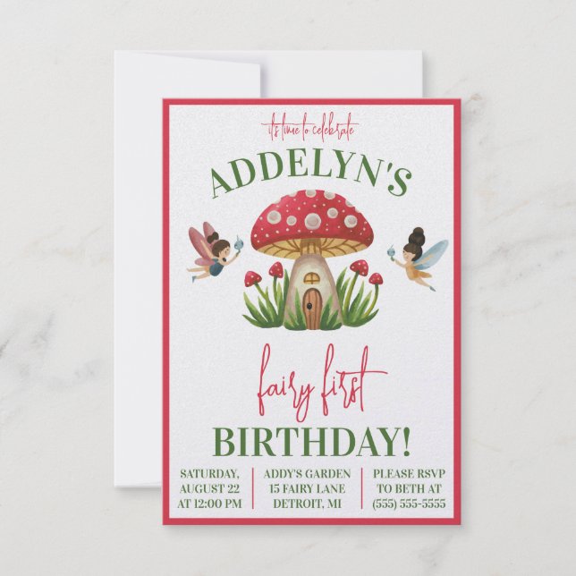 Invitation Fairy First Birthday, Garden Mushroom Anniversaire (Devant)