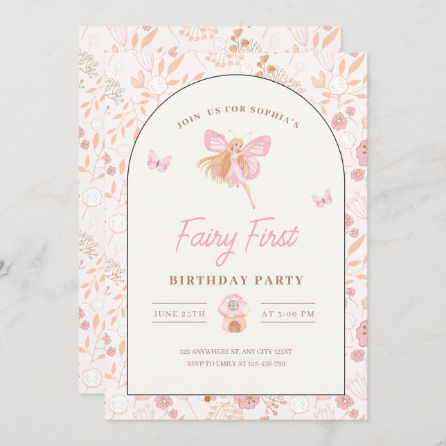 Invitation Fairy First Birthday Invitation, Garden anniversai (Devant / Derrière)