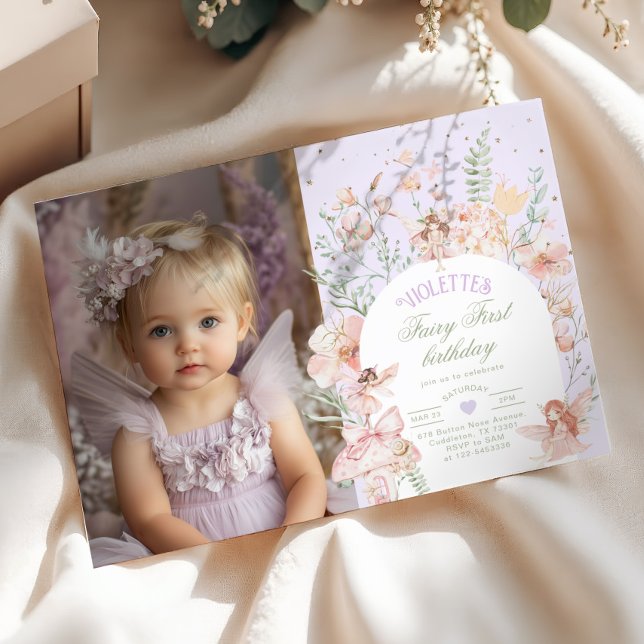 Invitation Fairy First Birthday Pastel Lilac Whimsical Photo (Créateur téléchargé)