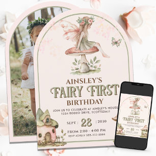 Invitation Fairy First Custom Photo Rose Sage 1er anniversair