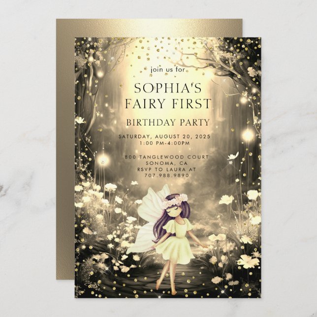 Invitation Fairy First Enchanted Forest Girl 1er anniversaire (Devant / Derrière)