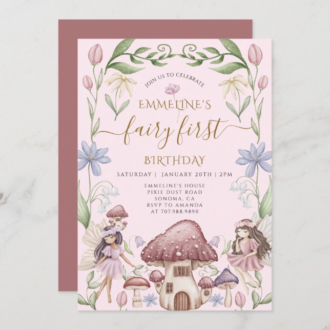 Invitation Fairy First Enchanted Forest Girl 1er anniversaire (Devant / Derrière)