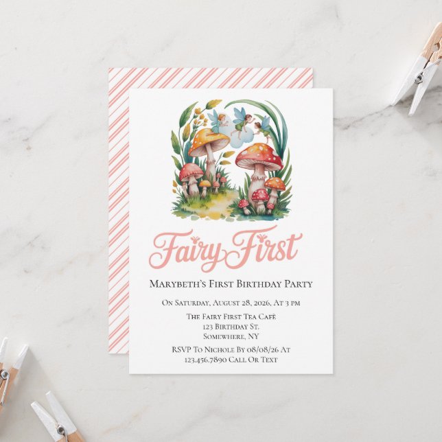 Invitation Fairy First Girl Birthday Party (Devant/Arrière en situation)