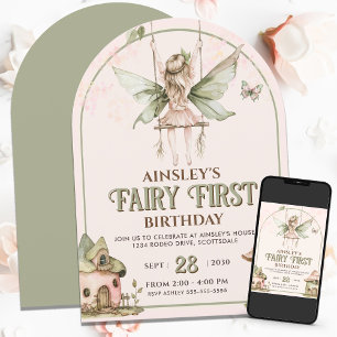 Invitation Fairy First Personnalisé Rose Sage 1er Anniversair