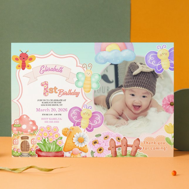 Invitation Fairy First Photo Papillon Rose 1er Anniversaire  (Fairy First Pink Photo Butterfly 1st Birthday Invitation)