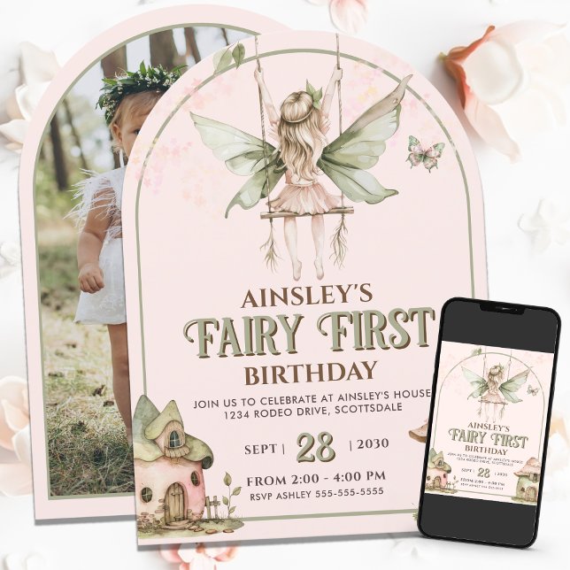 Invitation Fairy First Photo personnalisé Rose Sauge 1er Anni (Créateur téléchargé)