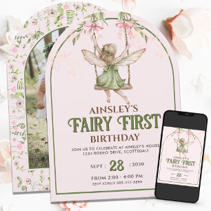Invitation Fairy First Pink Bow Photo Girls 1er anniversaire