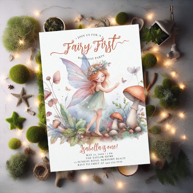 Invitation Fairy First Terracotta Filles magiques 1er anniver (fairy first girl birthday party invitation magical forest enchanted garden mushroom terracotta green)