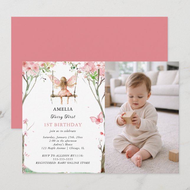 Invitation Fairy First Watercolor Floral Girls 1st Birthday (Devant / Derrière)