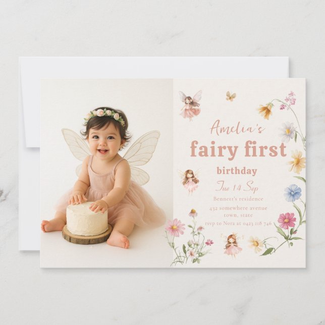 Invitation Fairy First Watercolor Widflower Birthday Photo (Devant)