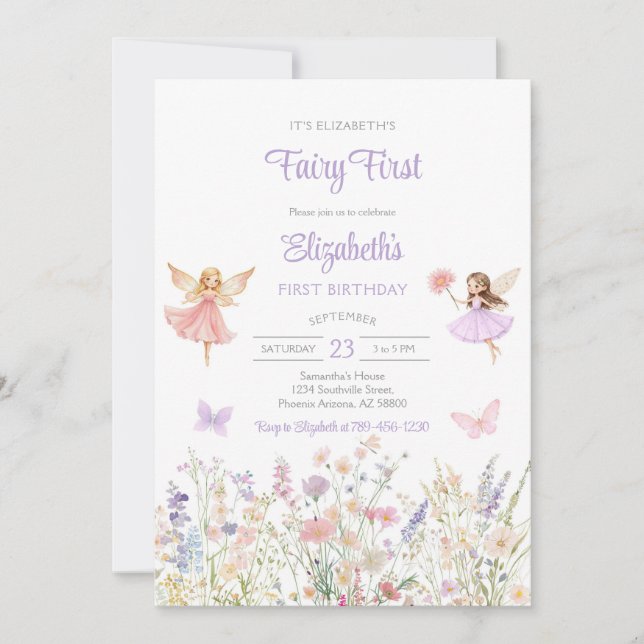 Invitation Fairy First Whimsical Floral 1st Birthday  (Devant)