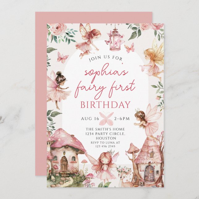 Invitation Fairy Floral Girls 1er anniversaire fête (Devant / Derrière)