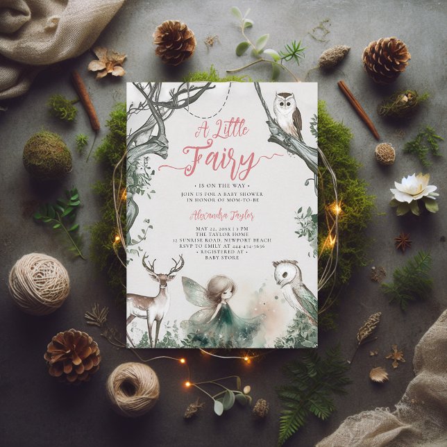 Invitation Fairy Forest Woodland Moderne Chic Baby Girl Douch (little fairy baby shower invitation enchanted forest woodland animals magical faerie elegant)