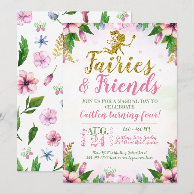 Invitation Fairy Garden Magique Enchantée Floral Anniversaire (Devant / Derrière)