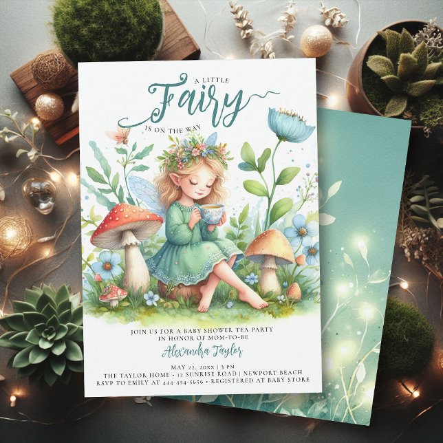 Invitation Fairy Garden Thé Champignons Wilds Baby Girl Douch (enchanted fairy garden tea party girl baby shower invitation magical mushroom village forest elegant)