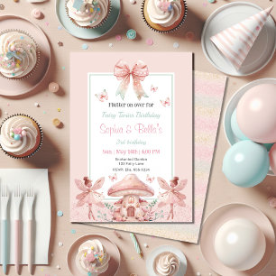 Invitation Fairy Girls Mushroom House Ribbon Twins Anniversai