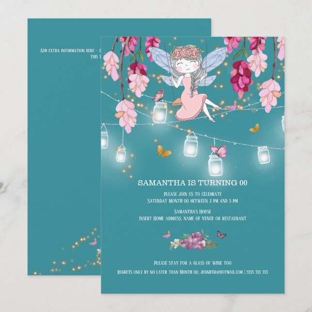 Invitation Fairy jardin fille swing mason lumières pot rose (Devant / Derrière)
