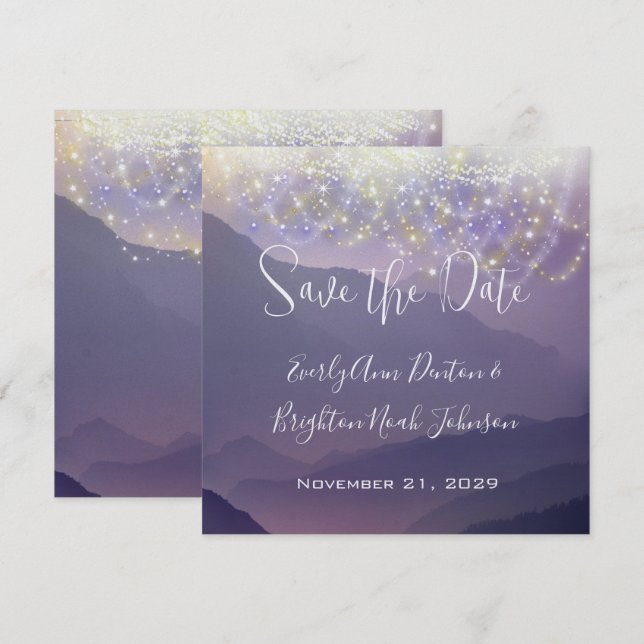Invitation Fairy Lights Violet Violet Mariage Sauvez la date (Devant / Derrière)