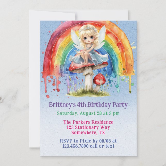 Invitation Fairy Mushroom Paint Rainbow Girl Anniversaire (Devant)