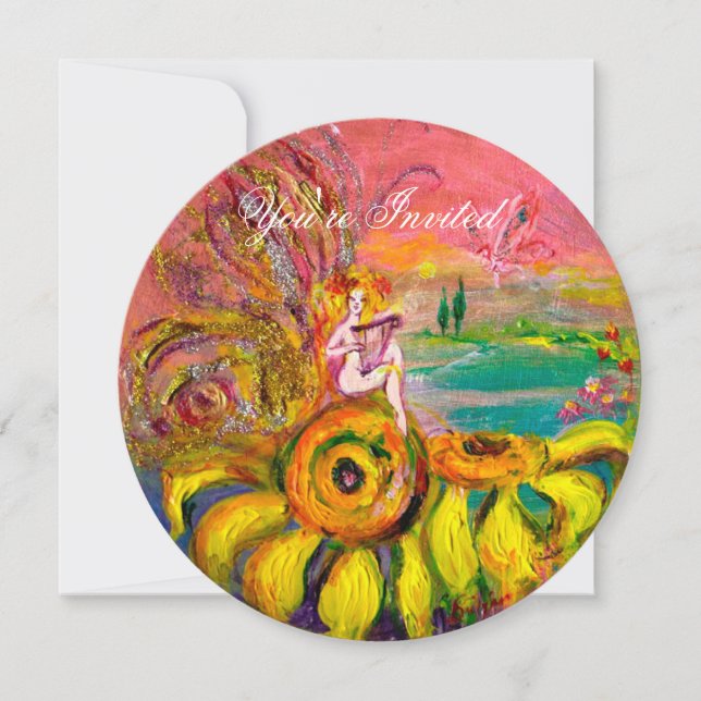 Invitation FAIRY OF THE SUNFLOWER jaune rose fuchsia étincell (Devant)