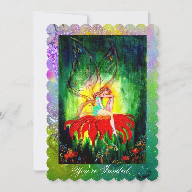 Invitation FAIRY ON RED FLOWER Purple Yellow Green Sparkings (Devant)