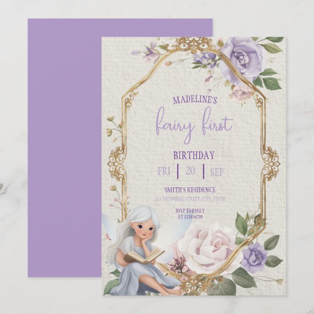 Invitation Fairy Premier Anniversaire Forêt Aquarelle Champig (Devant / Derrière)