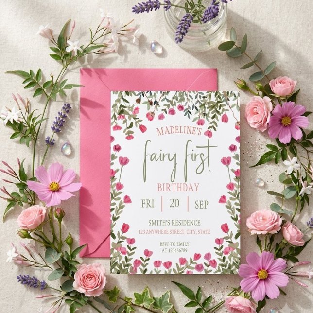 Invitation Fairy Premier Anniversaire Forêt Aquarelle Champig (Créateur téléchargé)