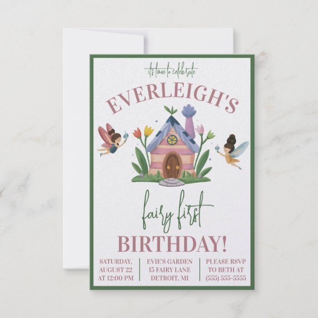 Invitation Fairy Premier Anniversaire, Jardin Fairy Theme Ann (Devant)