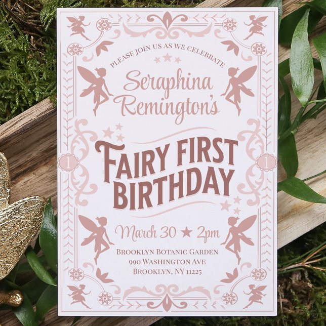 Invitation Fairy Premier anniversaire Pink Sweet Girls Annive (fairy first birthday party invitation girls 1st bday invite magical whimsical princess pixie pink)
