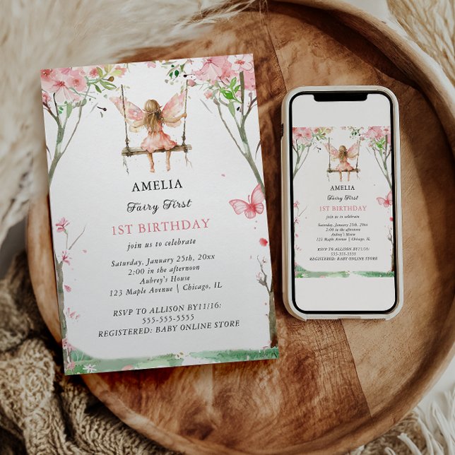 Invitation Fairy Premier Aquarelle Fleurs Filles 1er Annivers (Créateur téléchargé)