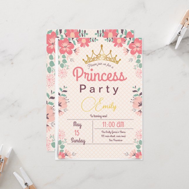 Invitation Fairy Princess 1er Anniversaire Fleur d'anniversai (Devant/Arrière en situation)
