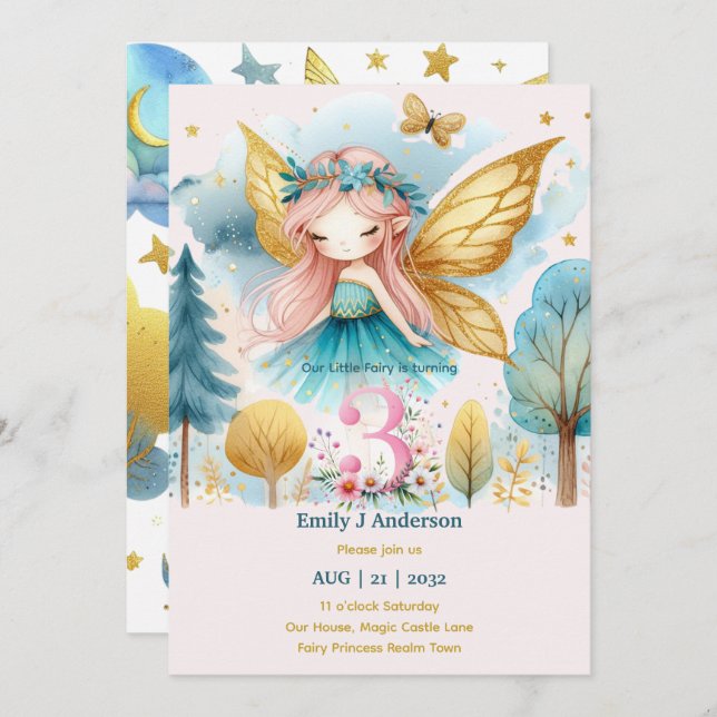 Invitation Fairy Princess 3e anniversaire TROIS Pink Fairycor (Devant / Derrière)