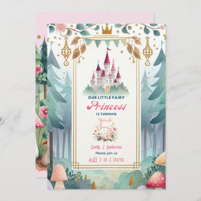 Invitation Fairy Princess 5e anniversaire Fairytale Fairycore (Devant / Derrière)