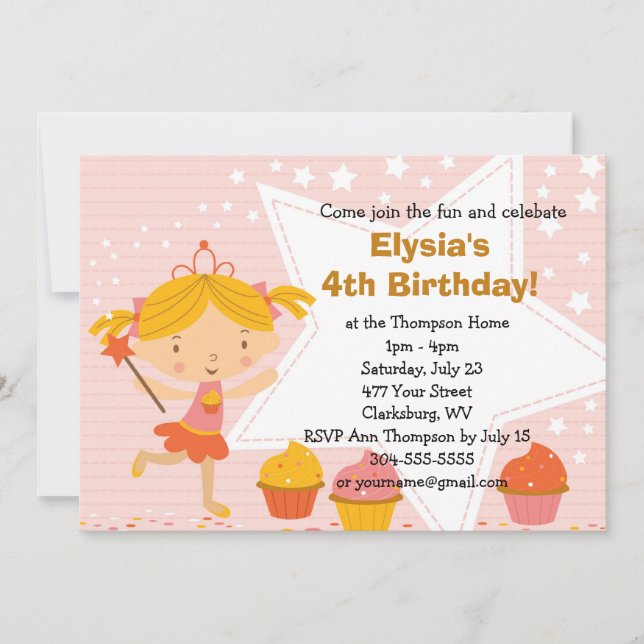 Invitation Fairy Princess Cupcake fête d'anniversaire (Devant)
