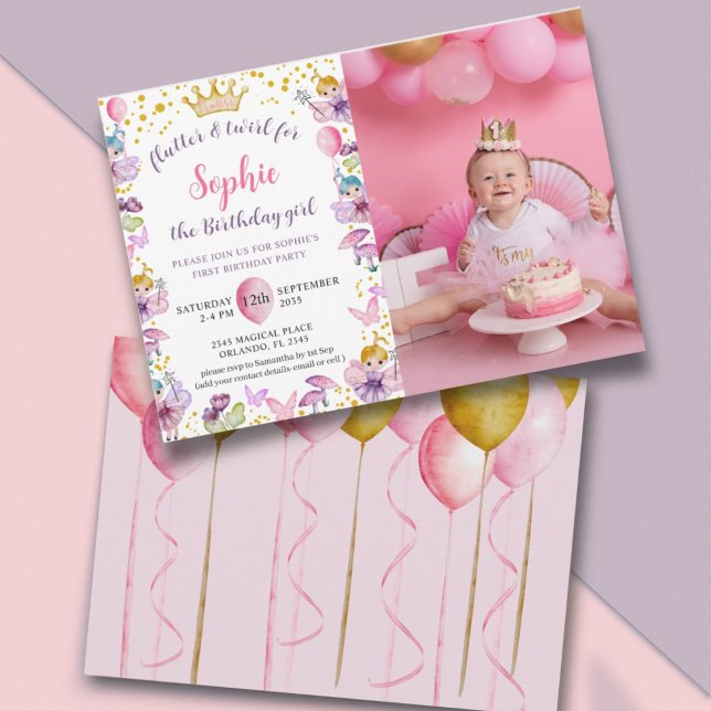 Invitation Fairy Princess Pink & Gold 1er anniversaire (Créateur téléchargé)