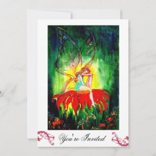 Invitation FAIRY RÊVER SUR UNE FLEURS ROUGE blanc vert jaune
