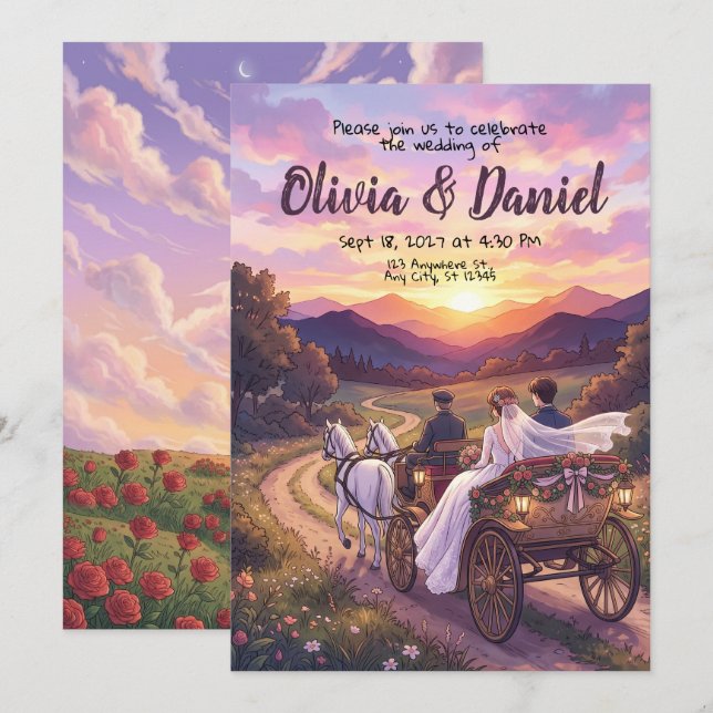 Invitation Fairy Tale de Mariage au Coucher du Soleil Invitat (Devant / Derrière)