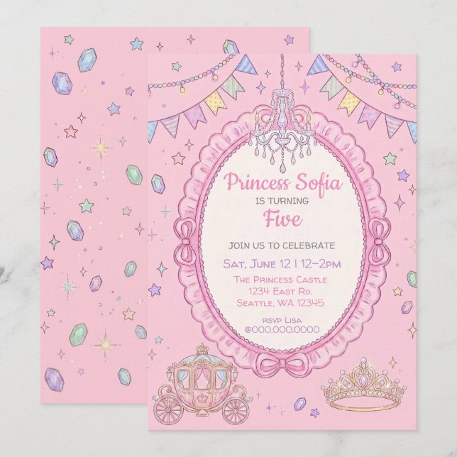 Invitation Fairy Tale Fancy Rose Princesse Anniversaire (Devant / Derrière)