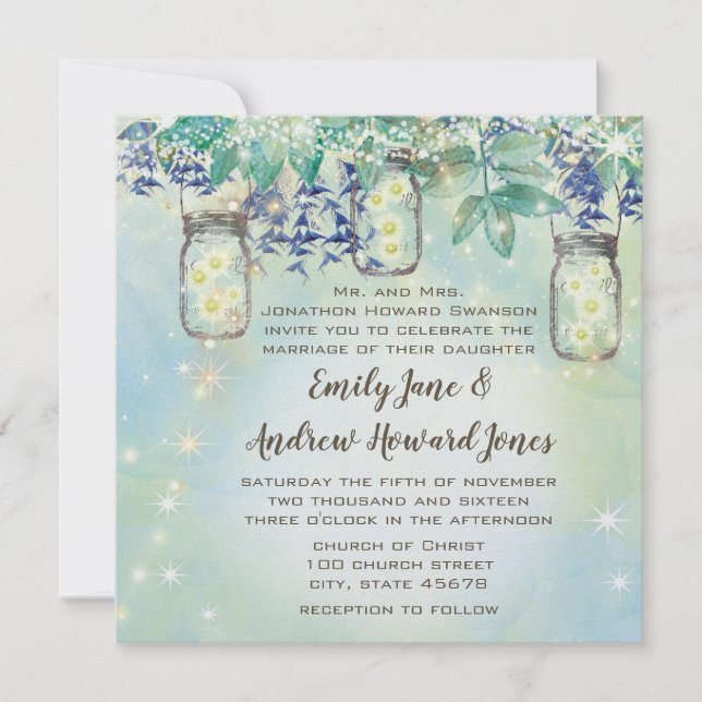 Invitation Fairy Tale Forest Blue Green Mason Jar Mariage (Devant)