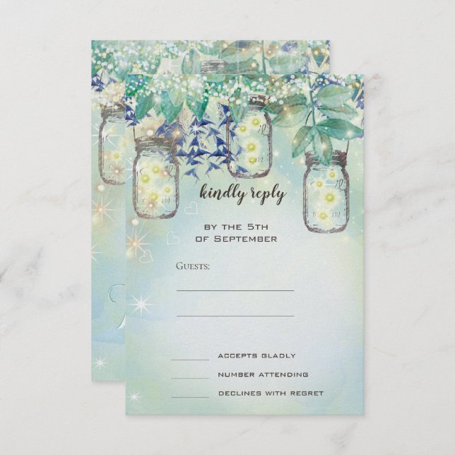 Invitation Fairy Tale Forest Blue Green Mason Jar Mariage (Devant / Derrière)