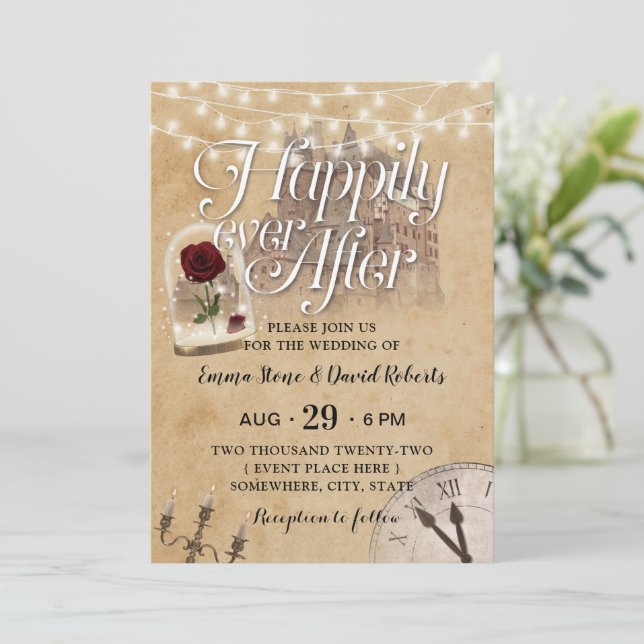 Invitation Fairy Tale Mariage Castle Vintage Rose Dome (Debout devant)