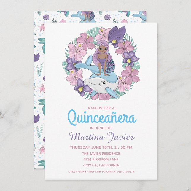 Invitation Fairy Tale Mermaid Quinceañera 15e anniversaire (Devant / Derrière)