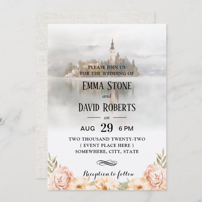 Invitation Fairy Tale Misty Lake Elégant Mariage Floral (Devant / Derrière)