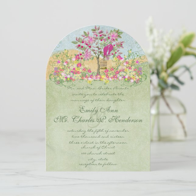 Invitation Fairy Tale Pink Green Floral Lovebird Tree Mariage (Debout devant)