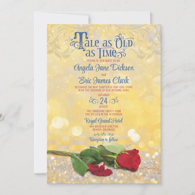 Invitation Fairy Tale Rouge Rose Blue Gold Mariage (Devant)