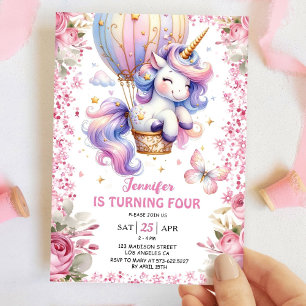 Invitation Fairy Unicorn 4e anniversaire fille rose Unicorn