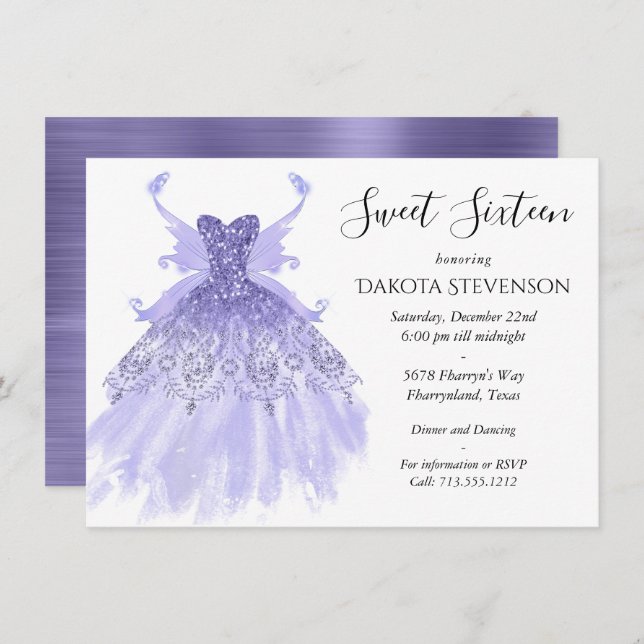 Invitation Fairy Wing Lavender Gown | Fleur d'iridescente vio (Devant / Derrière)