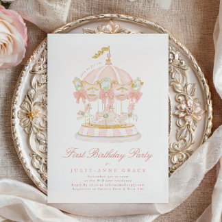 Invitation Fairytale Blush Rose Girl Carousel fête d'annivers